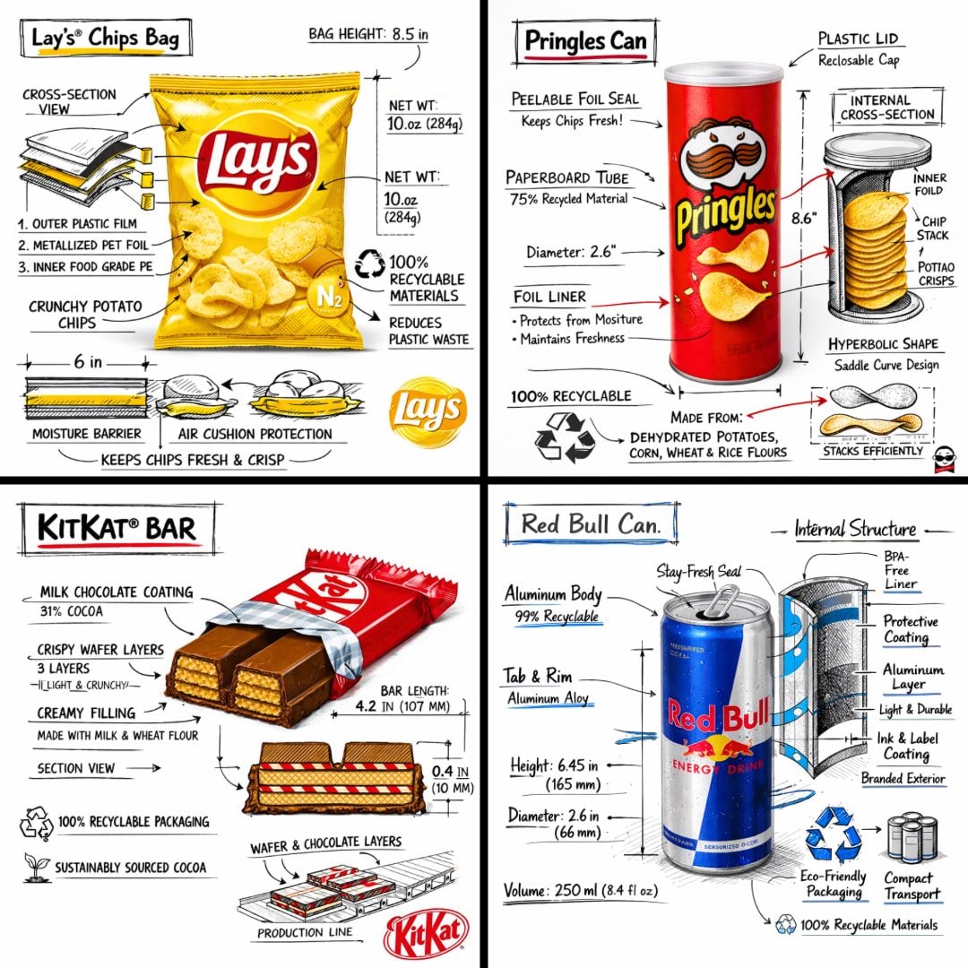 Create a branded technical infographic of a [SNACK], combining a realis…