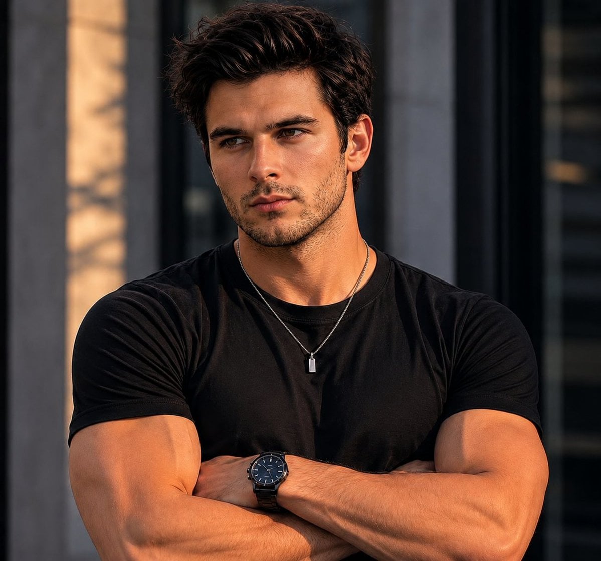 Ultra-realistic cinematic portrait of a handsome young man with thick, …