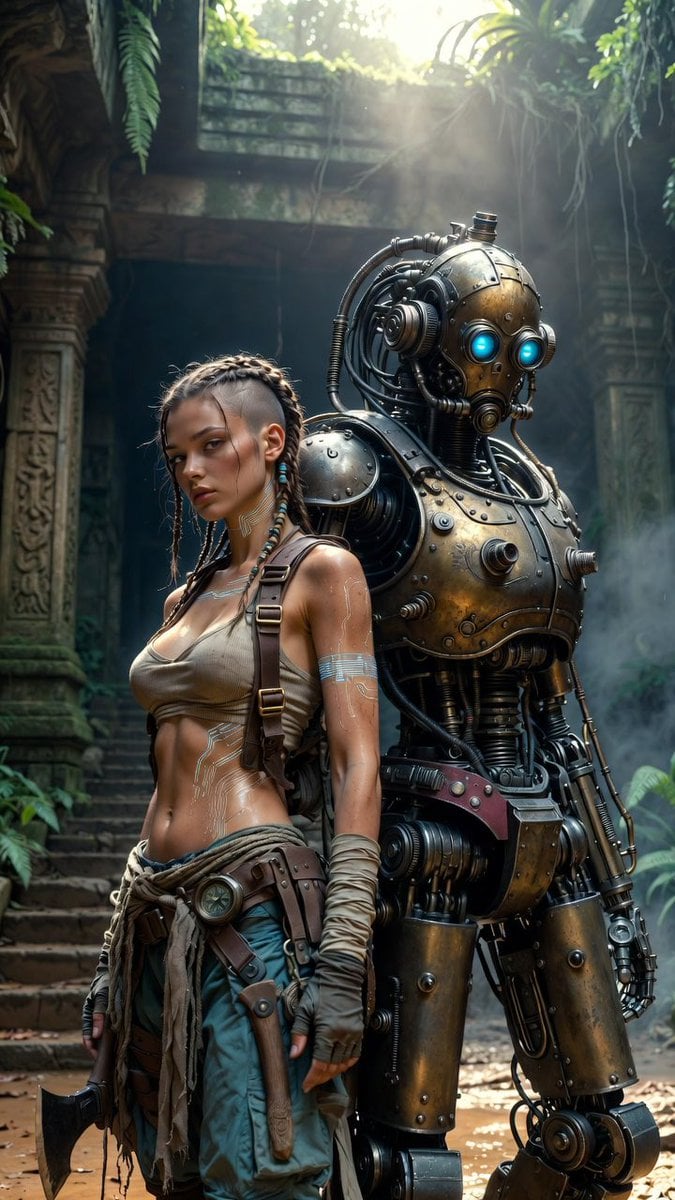 Ultra-photorealistic cinematic sci-fi still. A female adventurer with s…