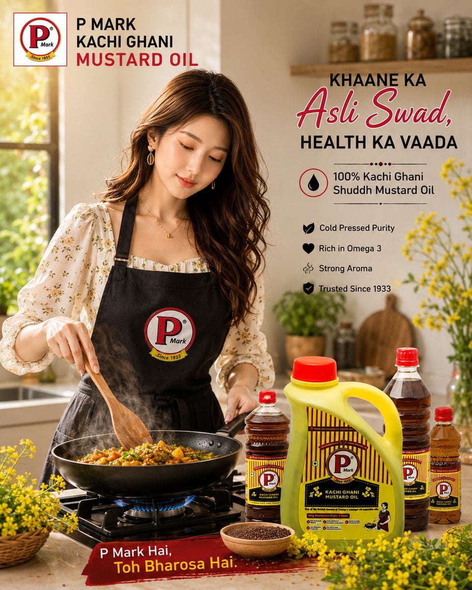 Ultra realistic premium Indian mustard oil advertisement poster for “P …