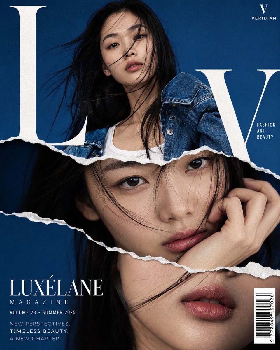 High-fashion magazine cover design, torn-paper collage effect, young Ea…