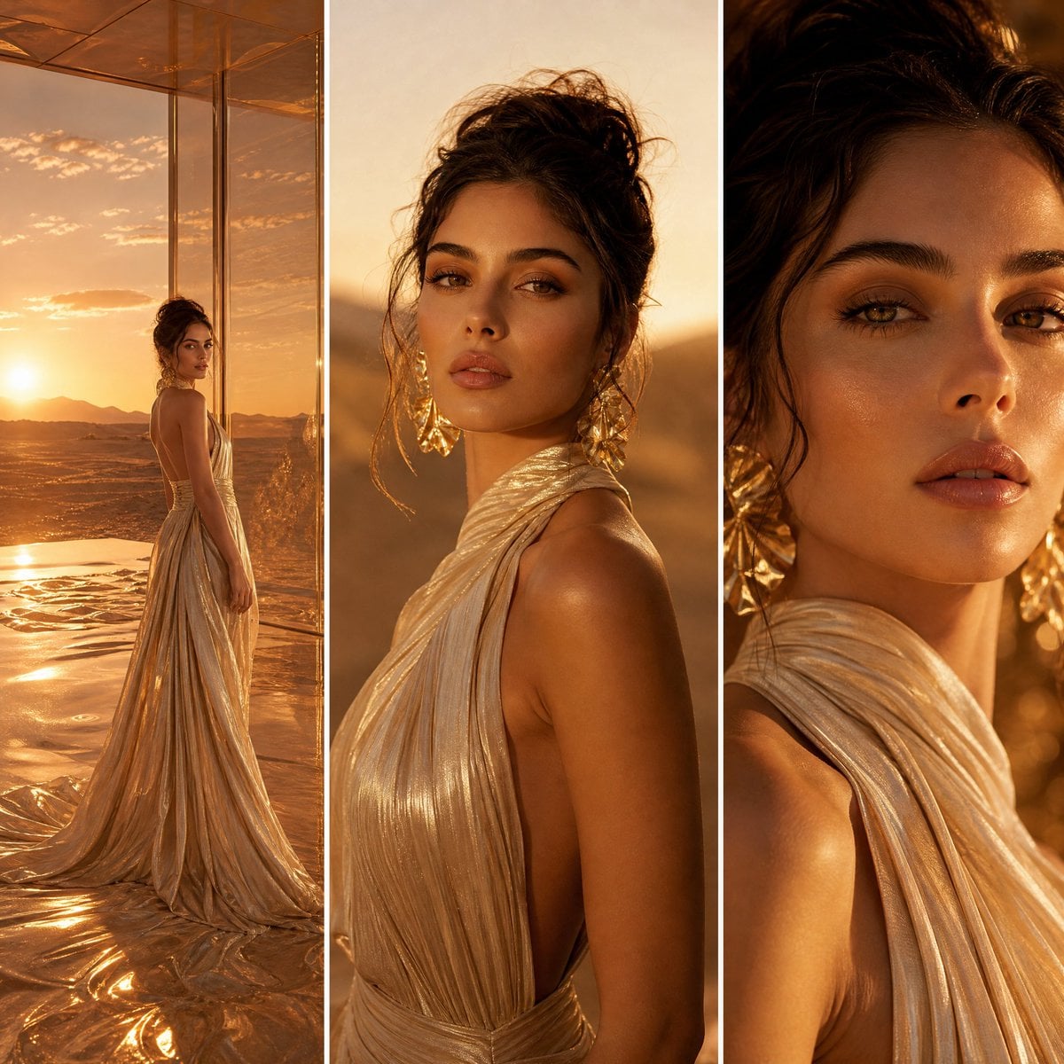 A three-panel high-fashion editorial spread set in a glowing sunset des…