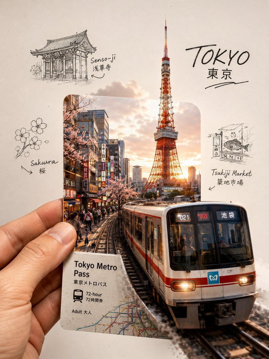 A highly aesthetic travel-journal collage of Tokyo, Japan, designed in …