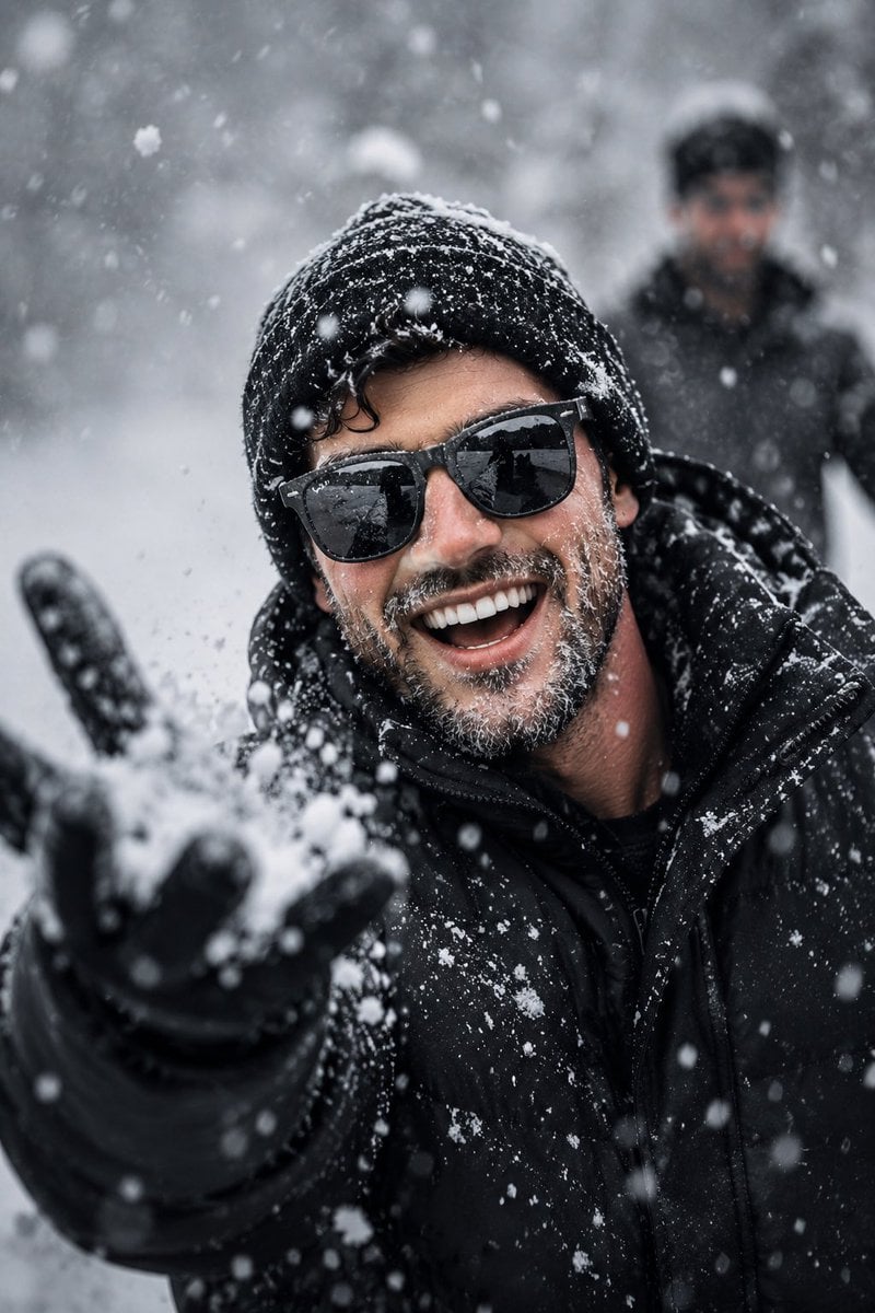 Create an ultra-realistic cinematic winter close-up portrait. The subje…