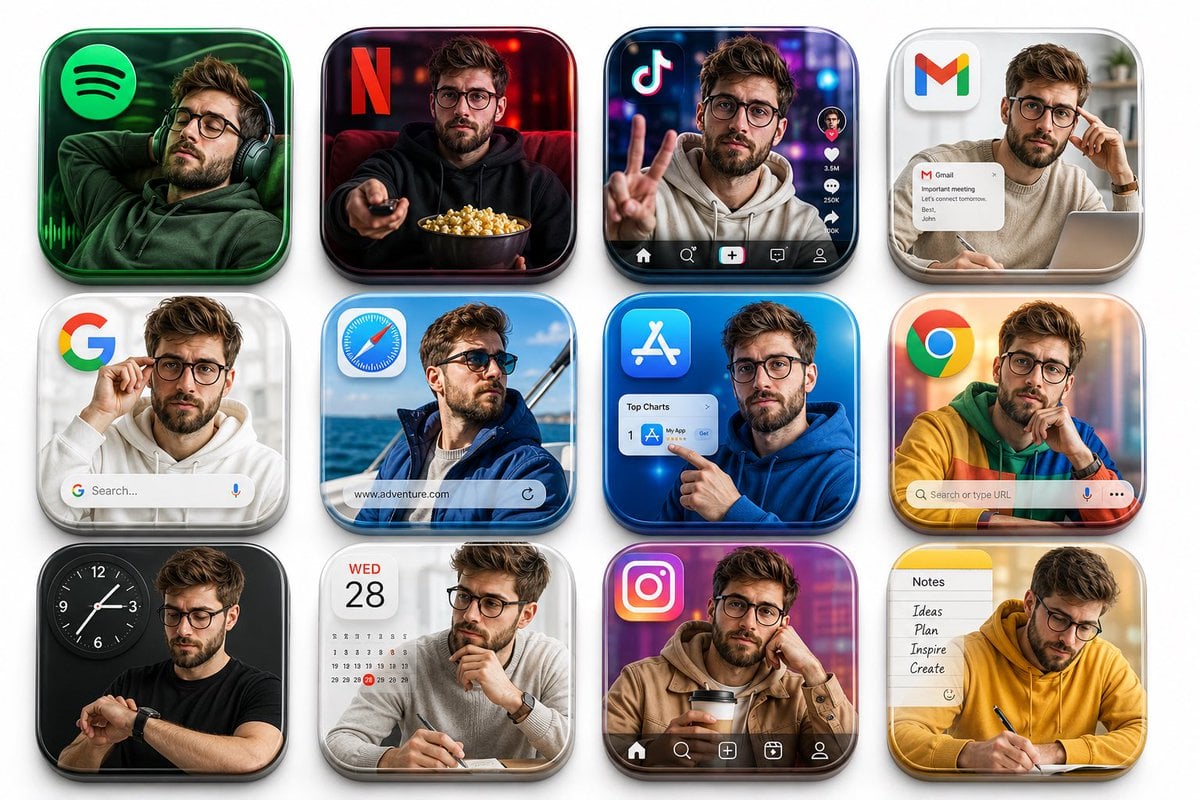Create a premium 3D grid of 12 square app icons arranged neatly on a cl…