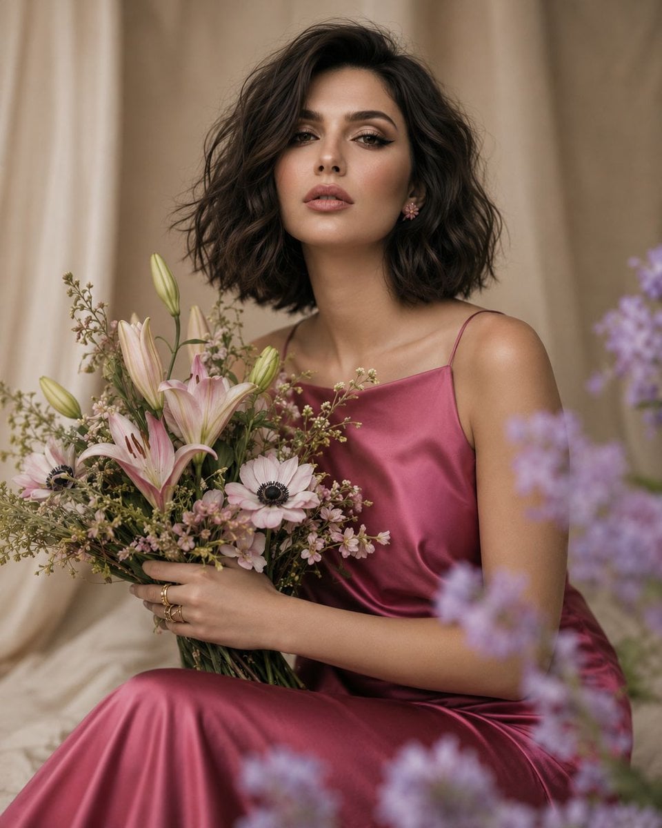 An elegant fashion editorial portrait of a young woman with a tousled c…