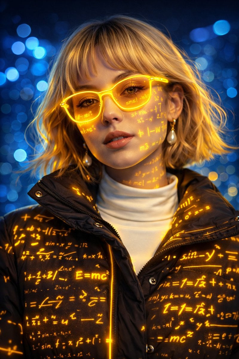 A futuristic cyber-aesthetic portrait of a young woman wearing glowing …