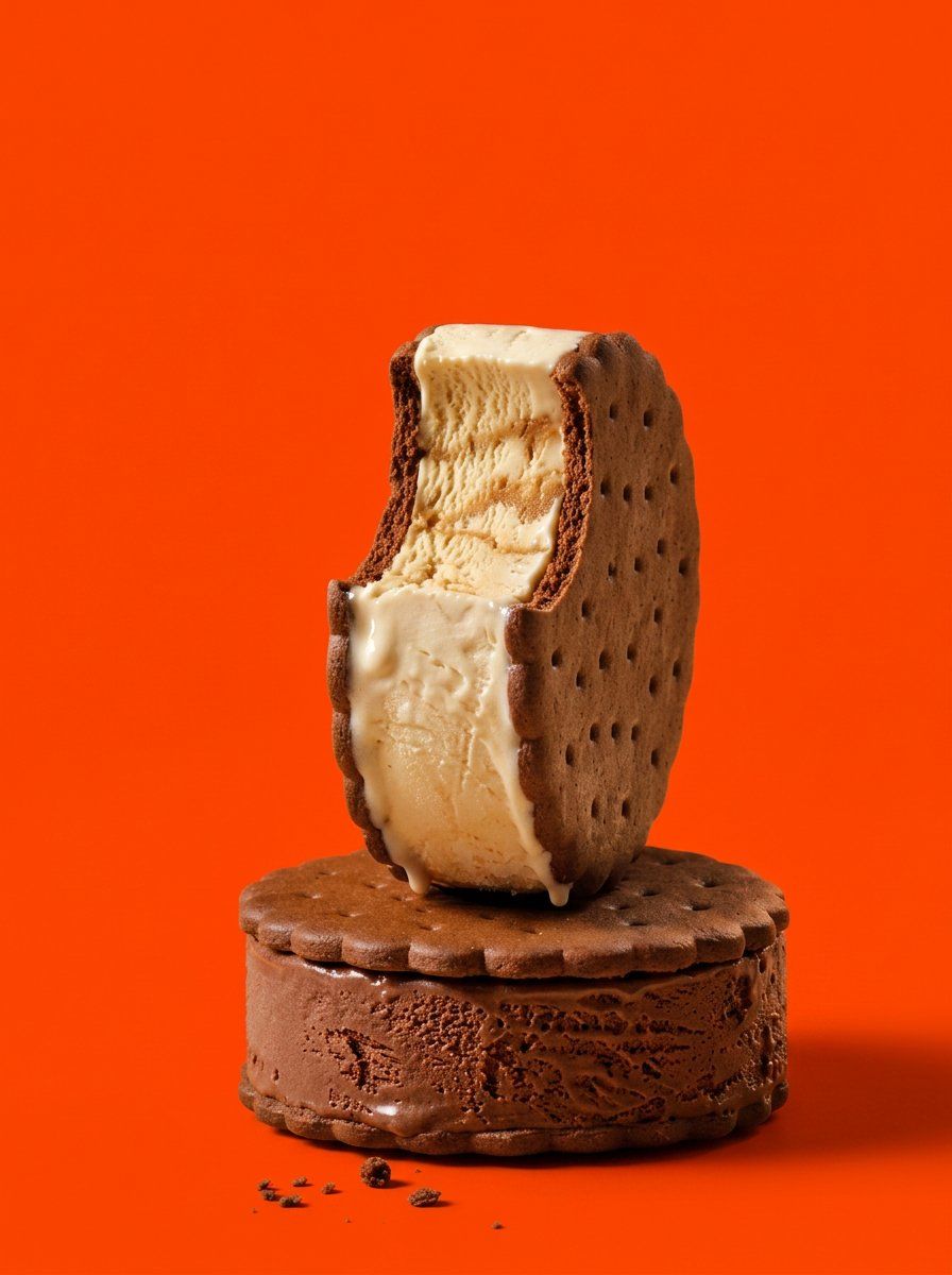 "A studio food still-life of two chocolate ice-cream sandwiches stacked…