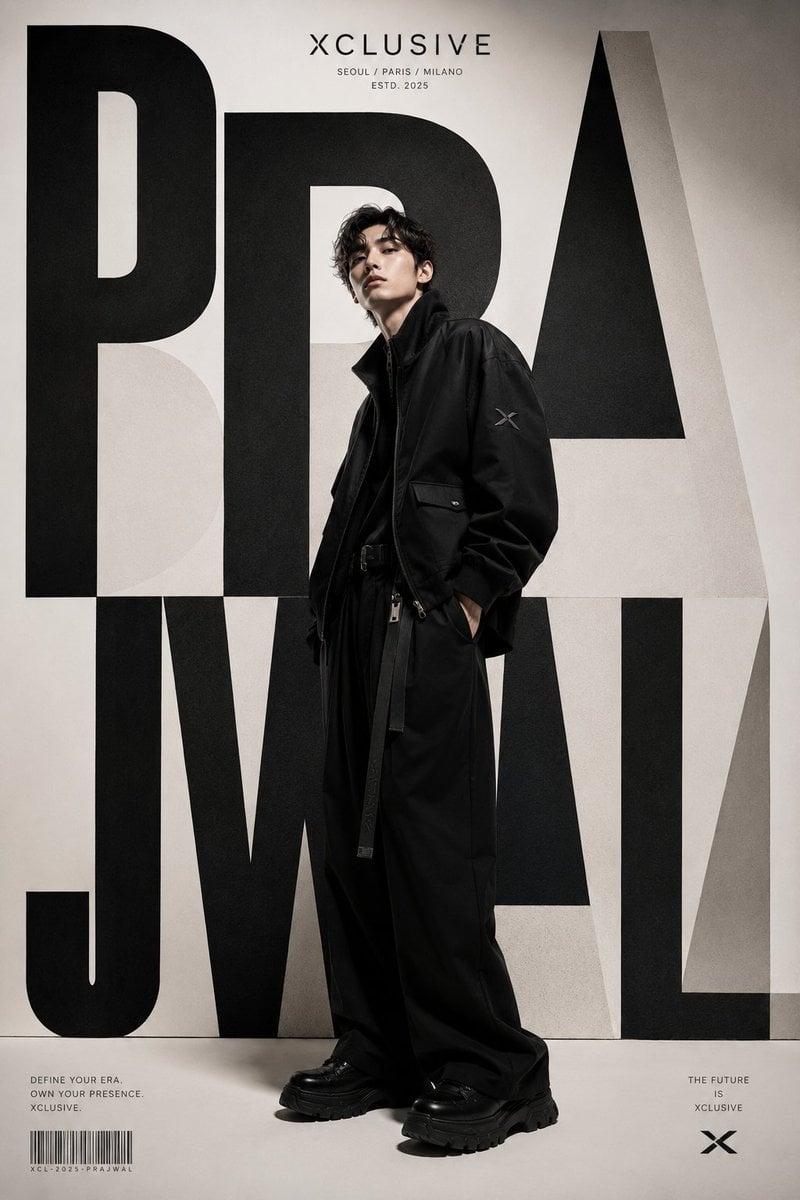 A world-class luxury fashion editorial poster for XCLUSIVE, inspired by…