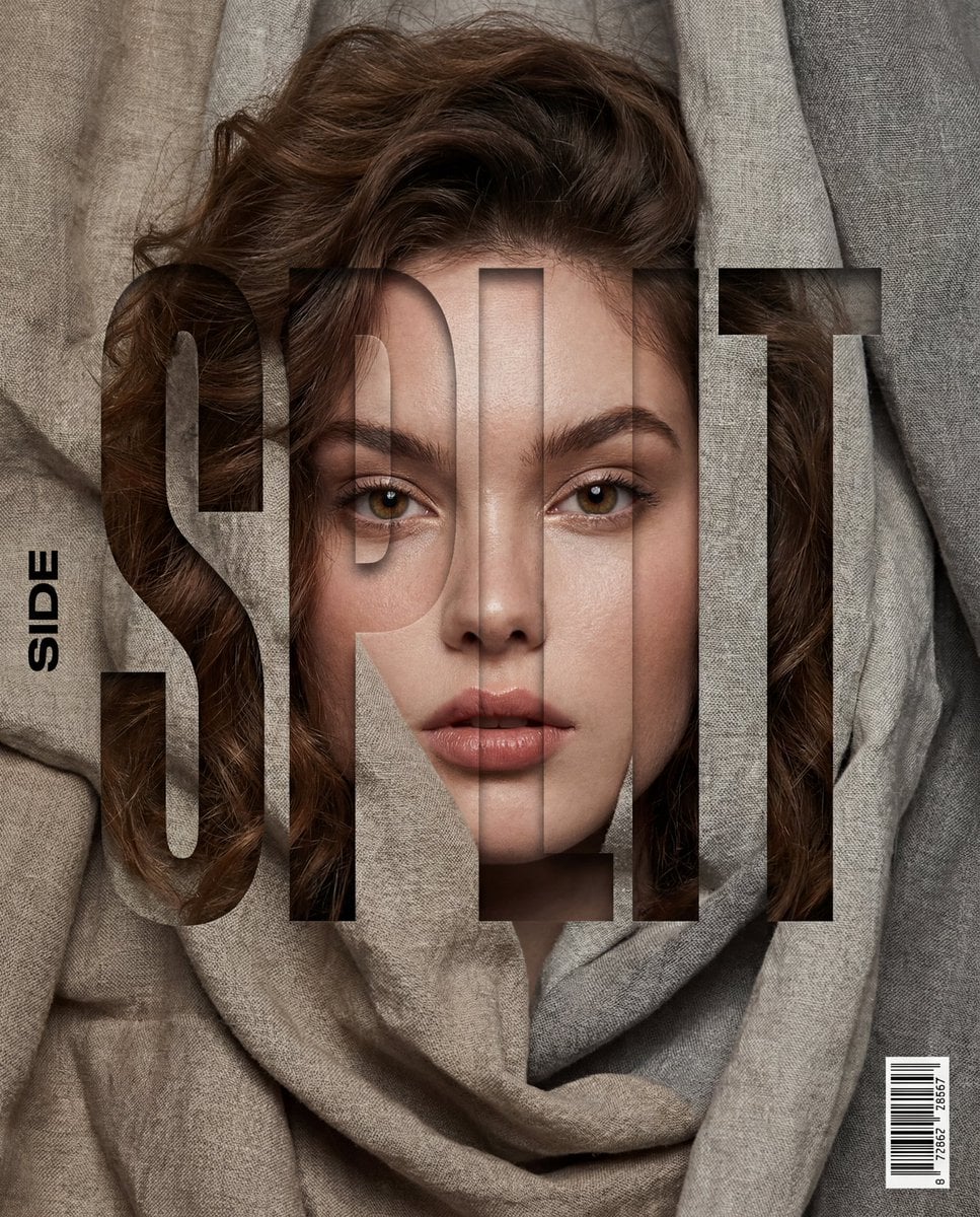 Vertical editorial poster portrait of [Character] with [Hair], face tig…