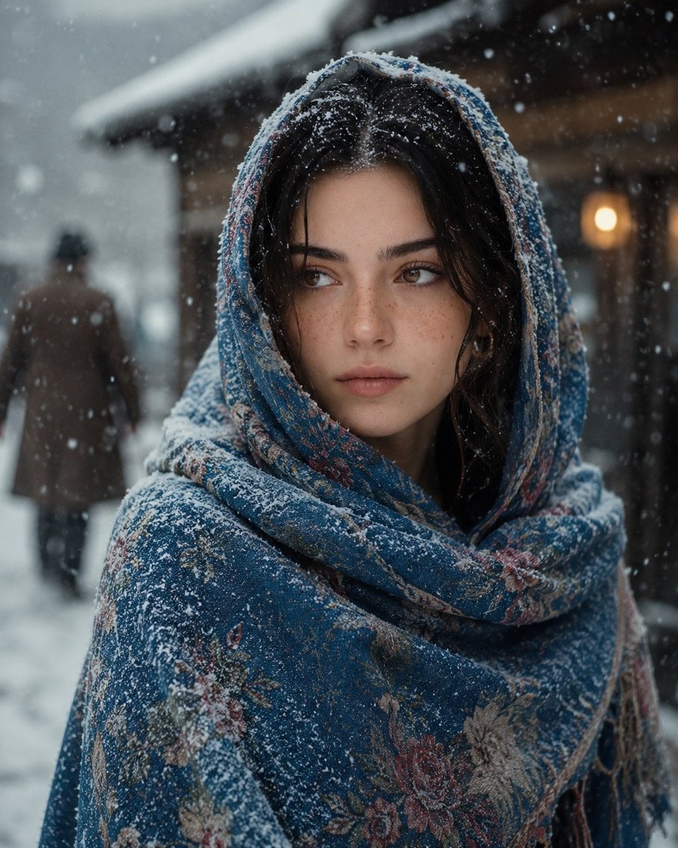 A cinematic portrait of a young woman standing in a snowy village, soft…