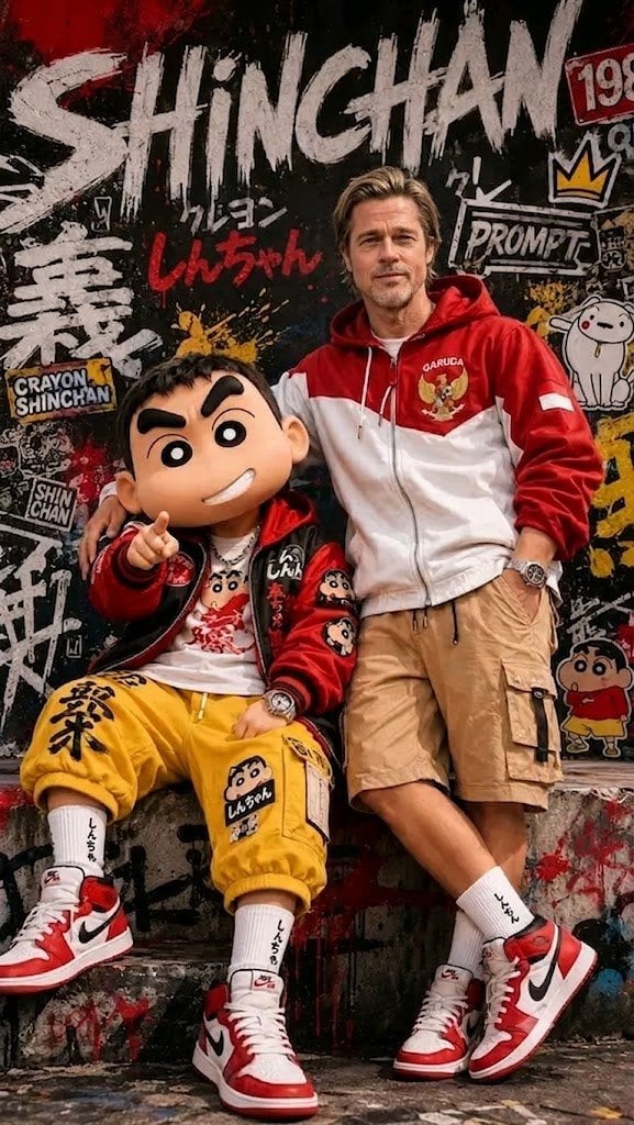A stylized urban streetwear scene set in a gritty graffiti-covered alle…
