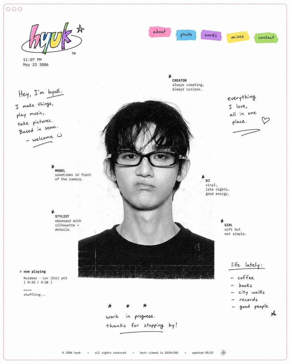 Design a minimal early-internet personal profile webpage / digital port…