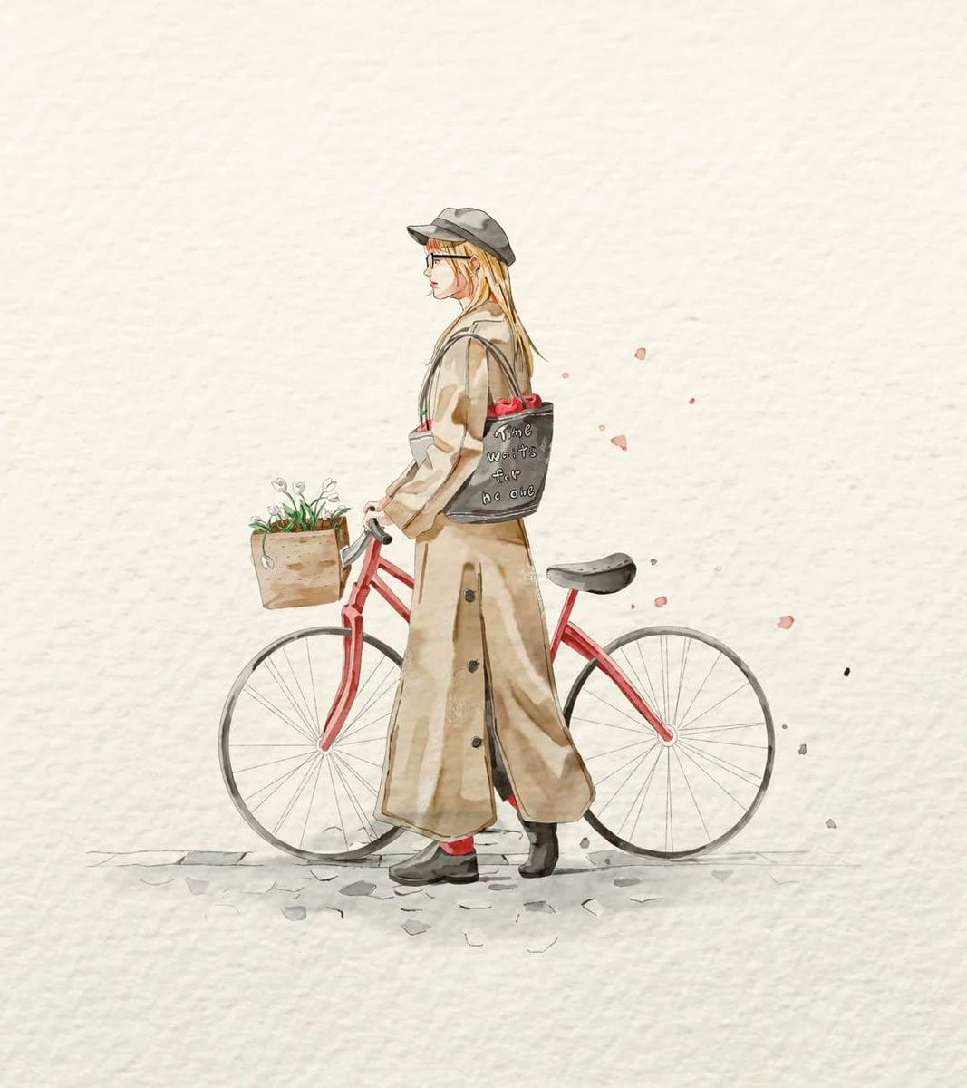 A delicate watercolor fashion illustration on textured off-white handma…