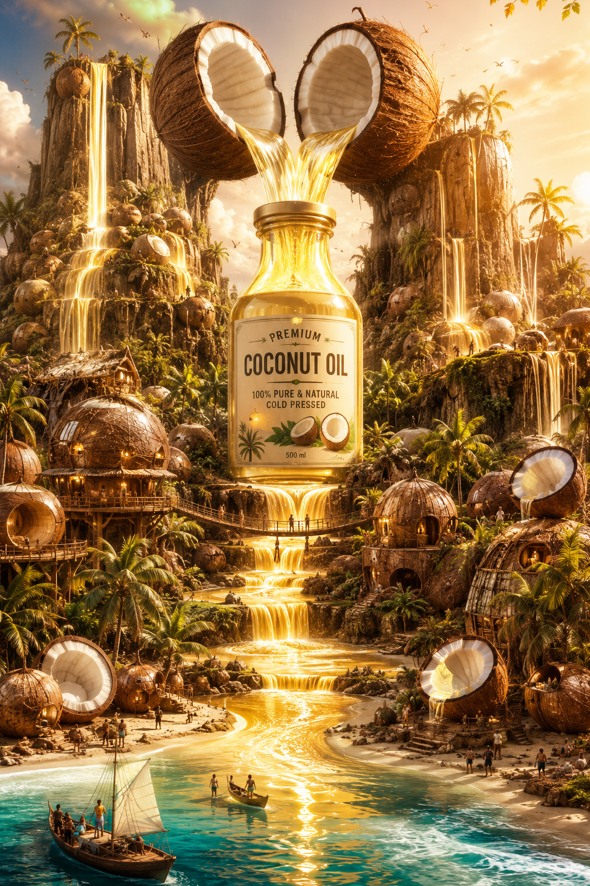 Epic surreal advertising artwork showcasing a luxurious coconut oil bot…
