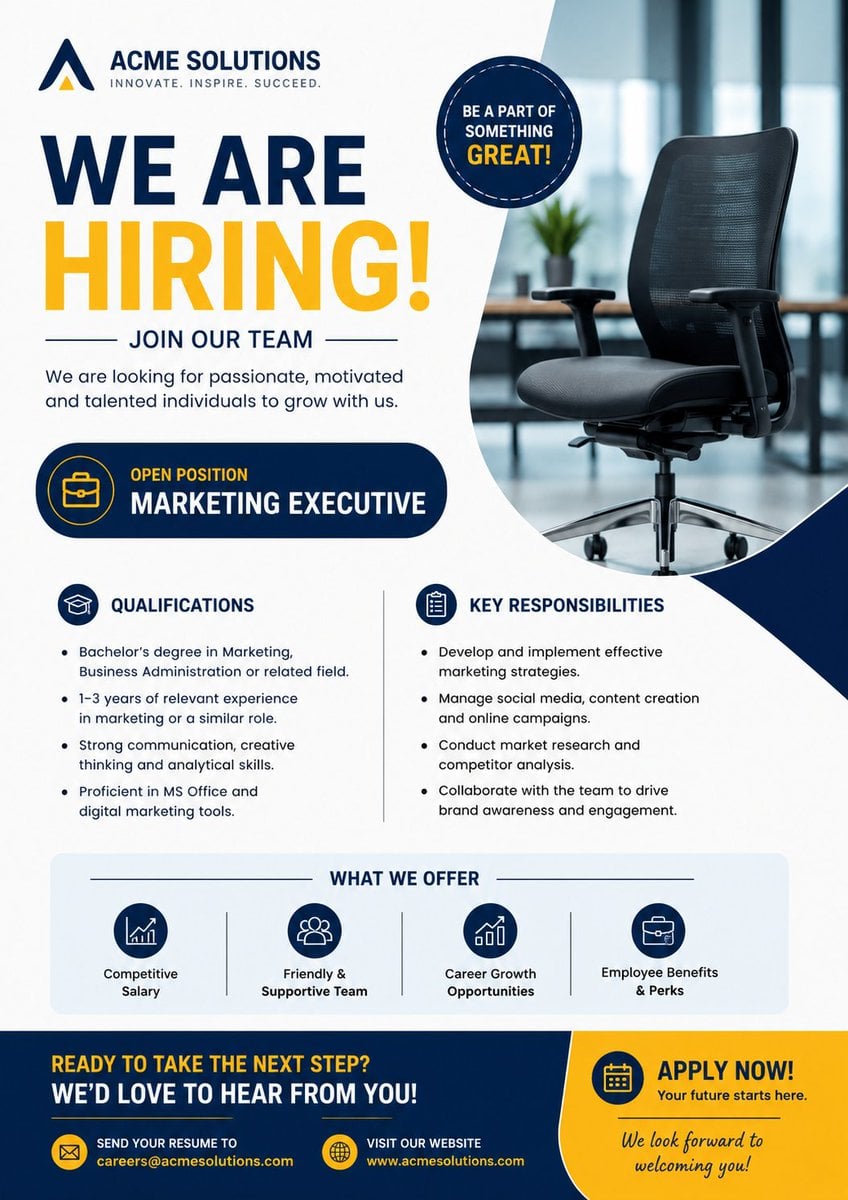 Modern Professional Job Advertisement Poster (A4 Portrait) Design a pre…