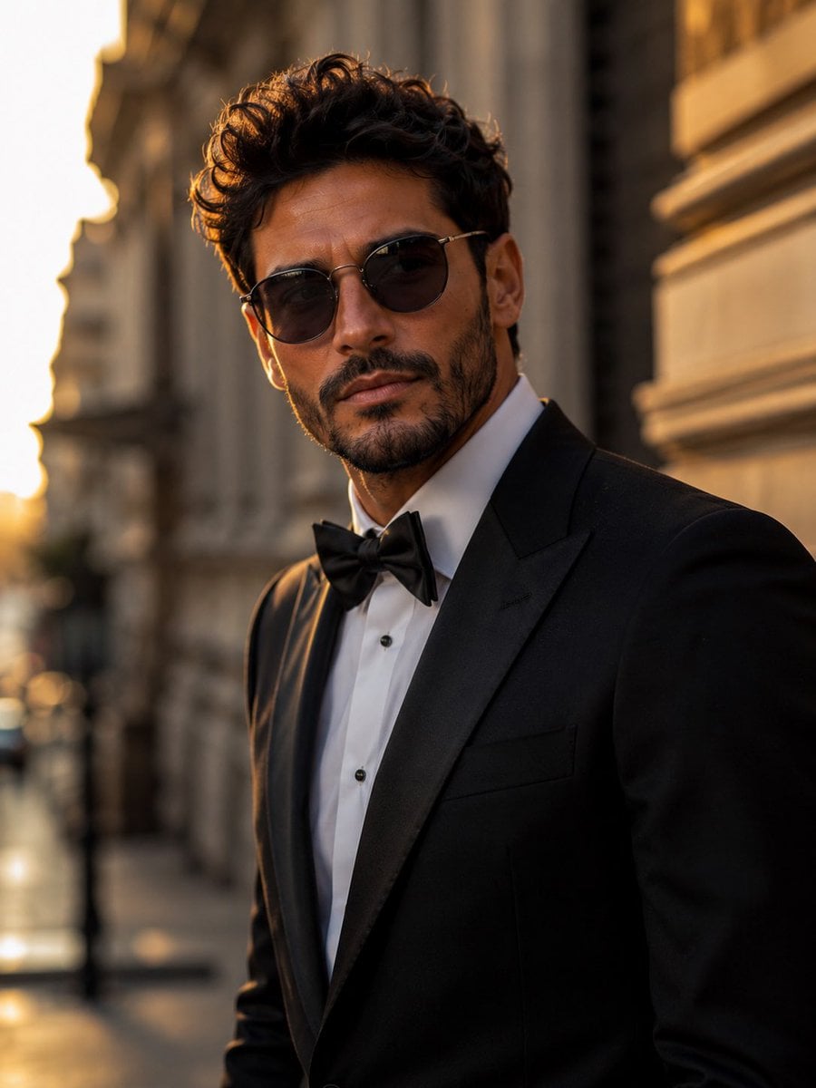 Ultra-realistic cinematic portrait of a stylish young man standing on a…