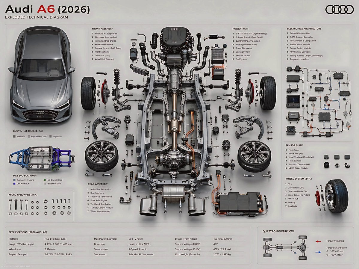 Create an ultra-high fidelity exploded technical diagram of a 2026 Audi…