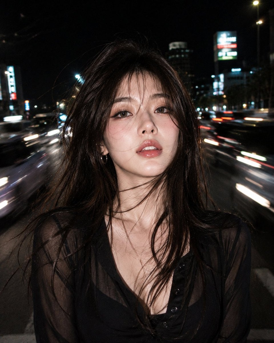 Ultra realistic RAW night flash portrait of a beautiful young woman wit…