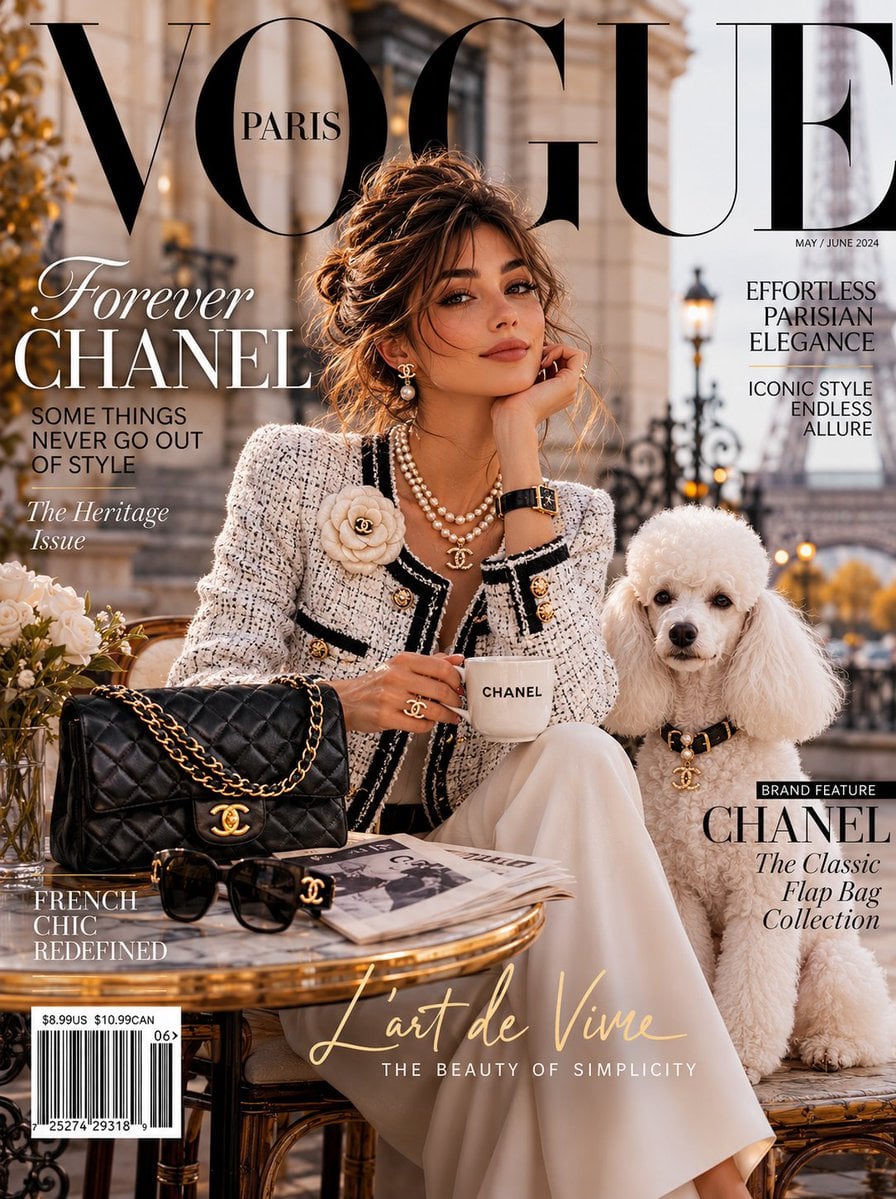[SUBJECT]: An impossibly elegant young woman in a classic Chanel tweed …