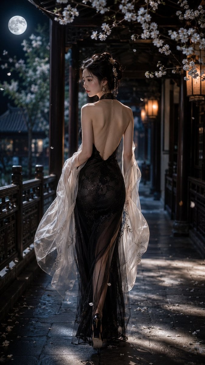 一位成年东方女性，9:16 竖版构图，写实风格，全身偏背面人像，人物行走在一条古典中式回廊之中，画面从后方略低机位捕捉她的身影，人物为绝对视觉…