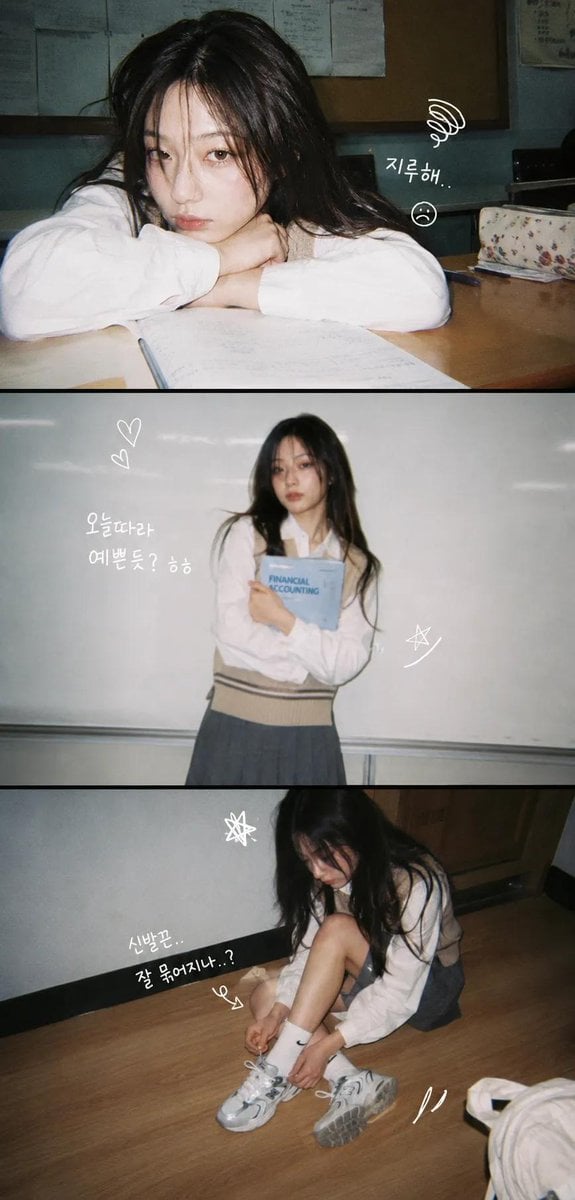 A vertical 3-panel college photo strip. The subject is a girl with long…