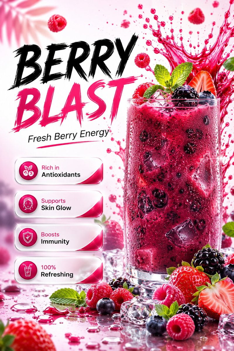 Ultra-realistic premium mixed berry beverage advertisement poster desig…