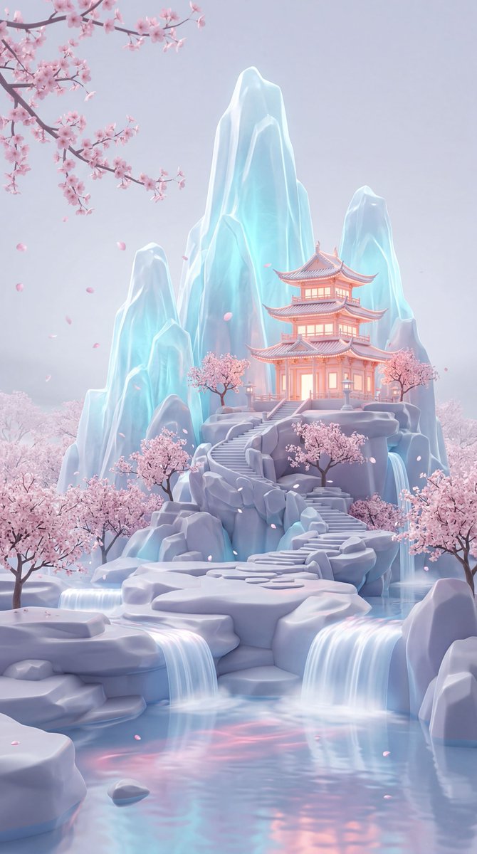 A dreamy pastel fantasy landscape in a vertical composition, showing a …