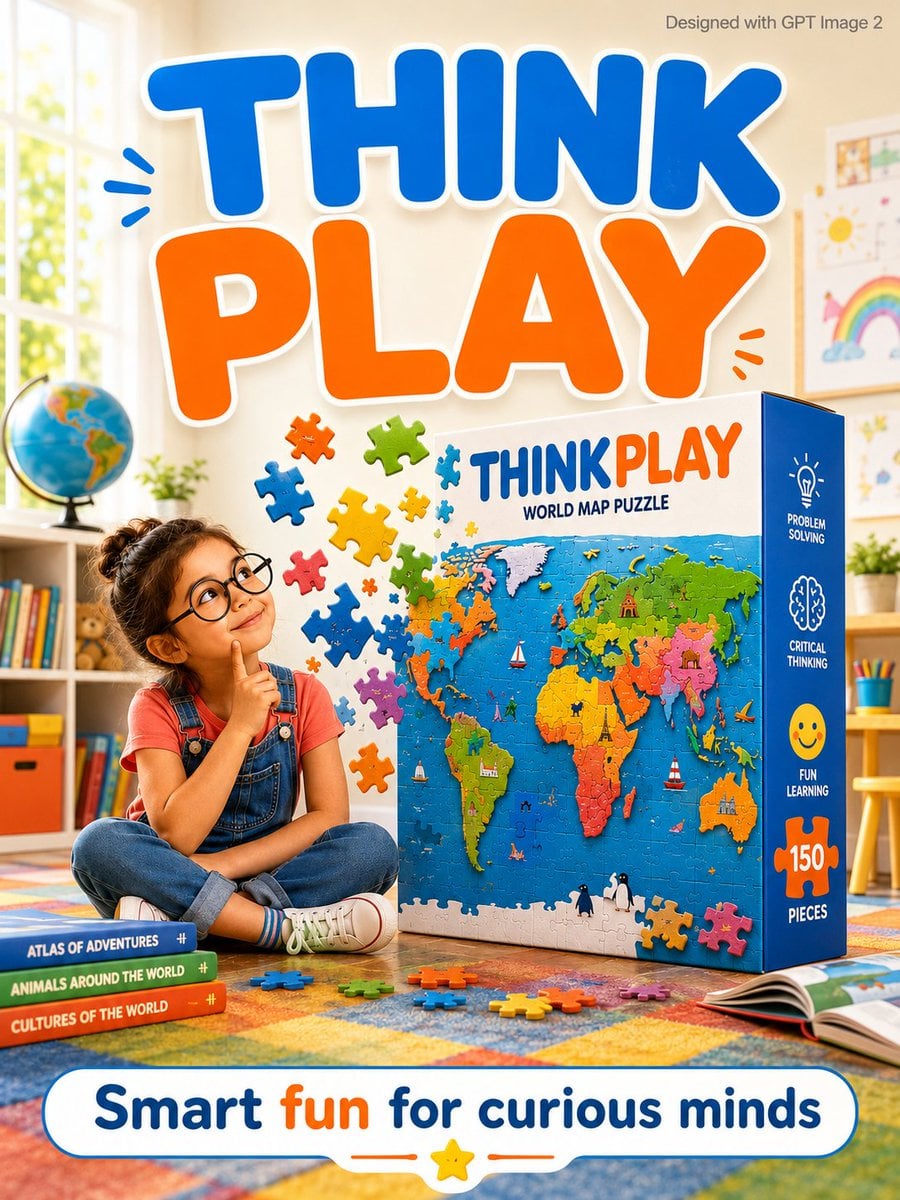 A bright educational kids advertisement poster. A curious young girl ag…