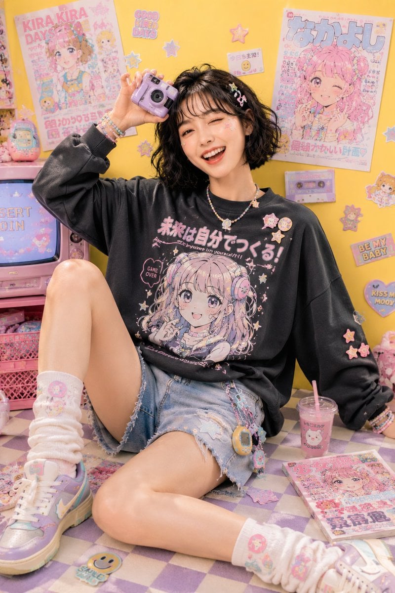 Playful kawaii-inspired studio fashion editorial featuring a cheerful y…