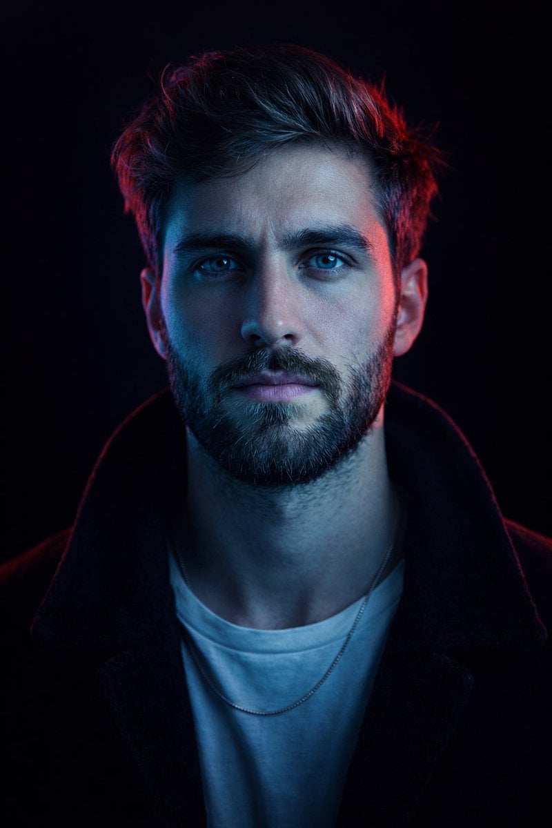 { "image_type": "studio portrait", "composition": { "framing": "tight h…
