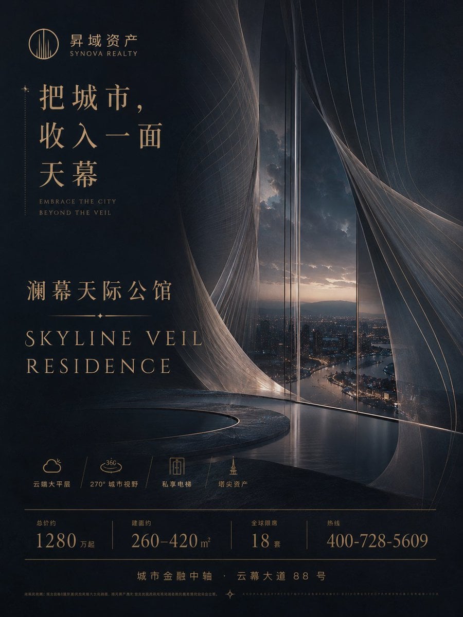 生成一张高端地产项目竖版广告海报，画面比例 3:4 或 4:5。 这是一个完全原创的 Demo 项目，请不要使用任何真实地产公司、真实楼盘名称…