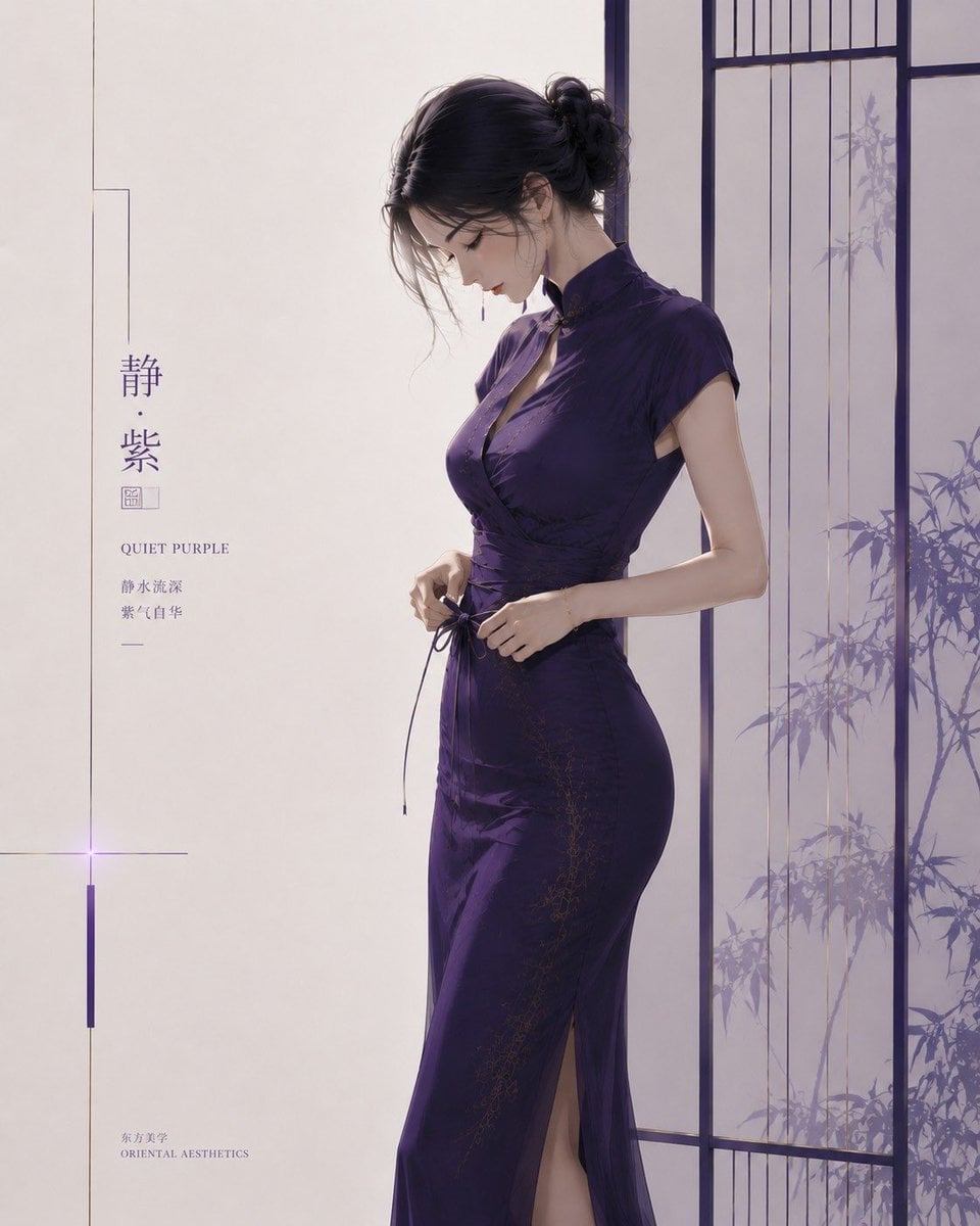 主体内容：一位明确成年的东方女性站在极简屏风前，低头整理腰间细带或腰封，身体微微侧向画面 主体气质：知性、安静、精致、轻熟 画面用途：艺术海报…