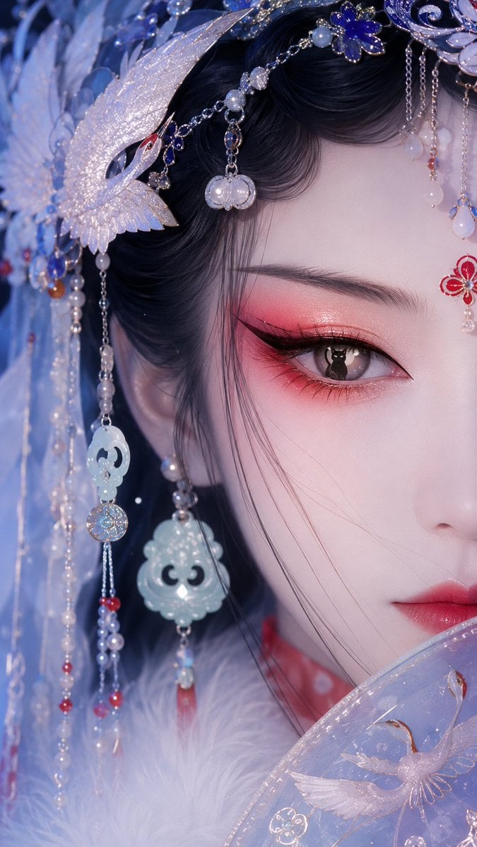 国风戏曲旦角美人系列｜极近景半脸单眼特写 把米哈游角色、西游记角色与历史人物，重塑成冷艳神秘的东方戏曲美人。 红粉橘戏曲眼妆、冷白瓷肌、蓝紫冷…