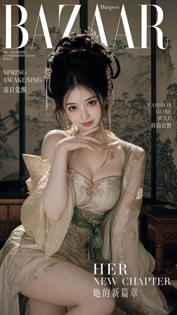 顶尖现代时尚杂志封面大片，一位20岁左右的国风美女，身着改良版华丽古装（汉服元素）。她拥有丰腴匀称的沙漏型身材，裁剪得体的古装完美勾勒出优美曲…