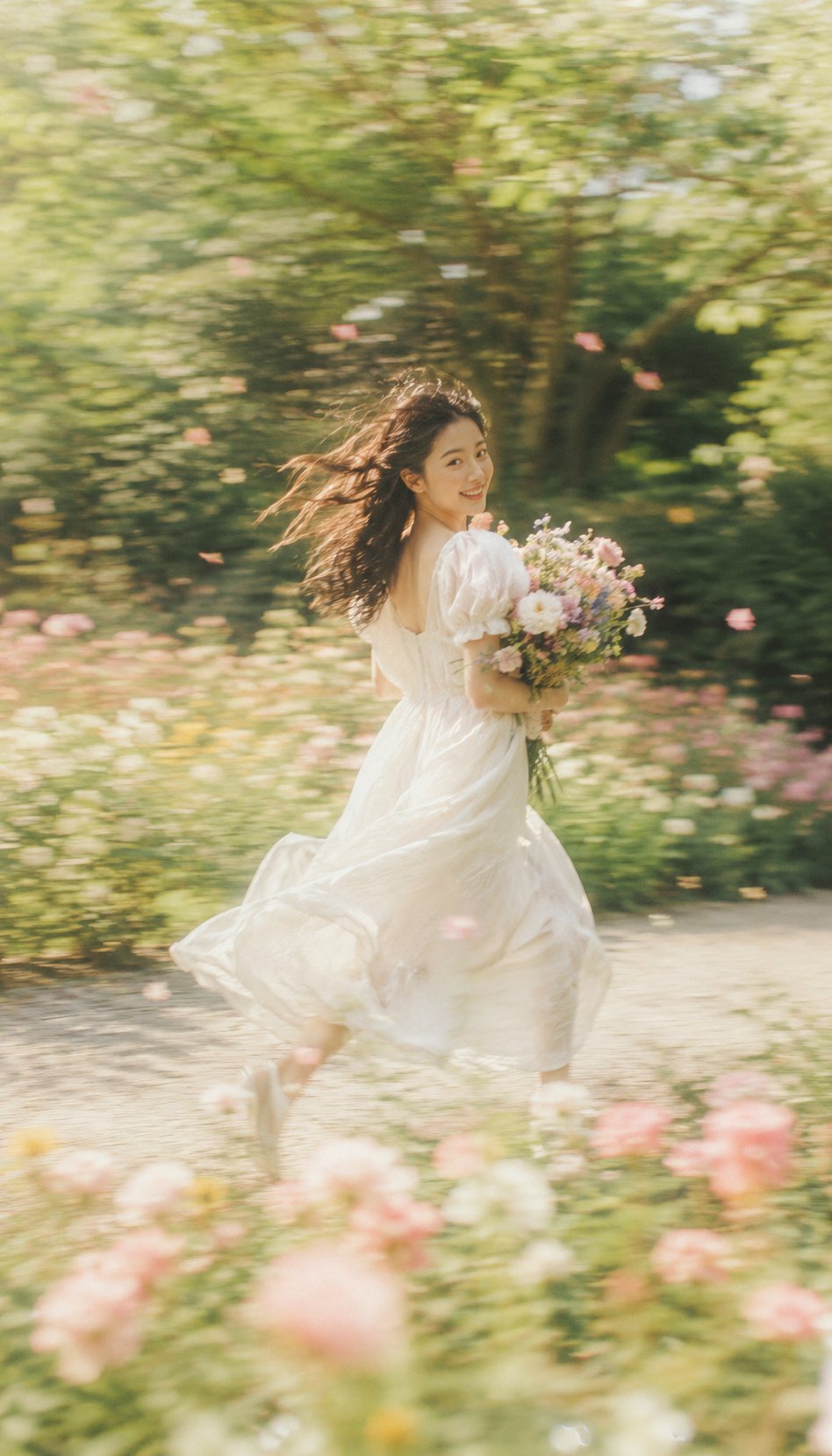 Create a 9:16 vertical dreamy slow-shutter garden portrait photography …
