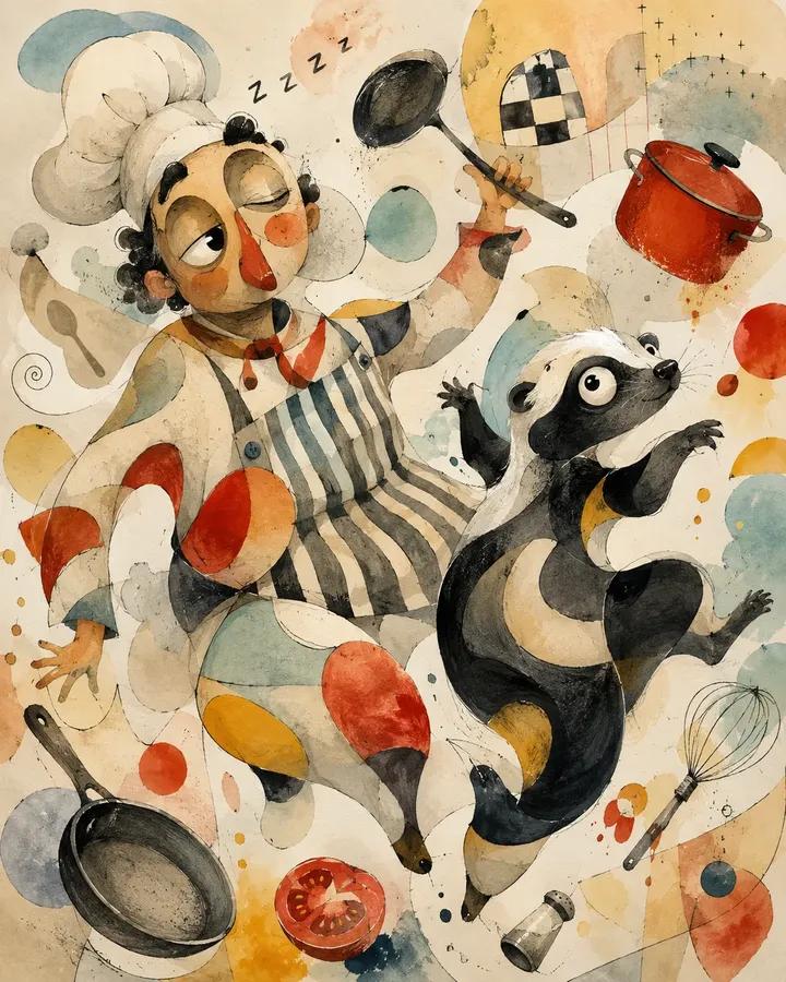 Abstract biomorphic mixed-media painting of [Human] with [Animal], caug…
