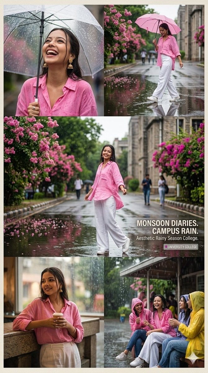 Aesthetic rainy season college portrait collage of a stylish young woma…