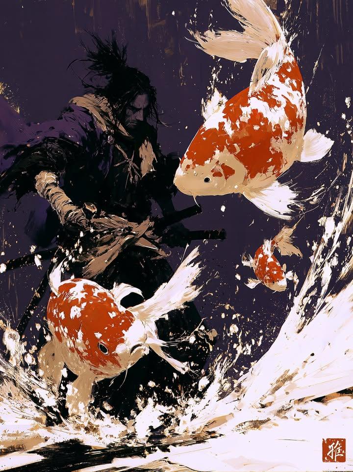 Dark ink wash painting, lone samurai warrior holding katana, wearing tr…