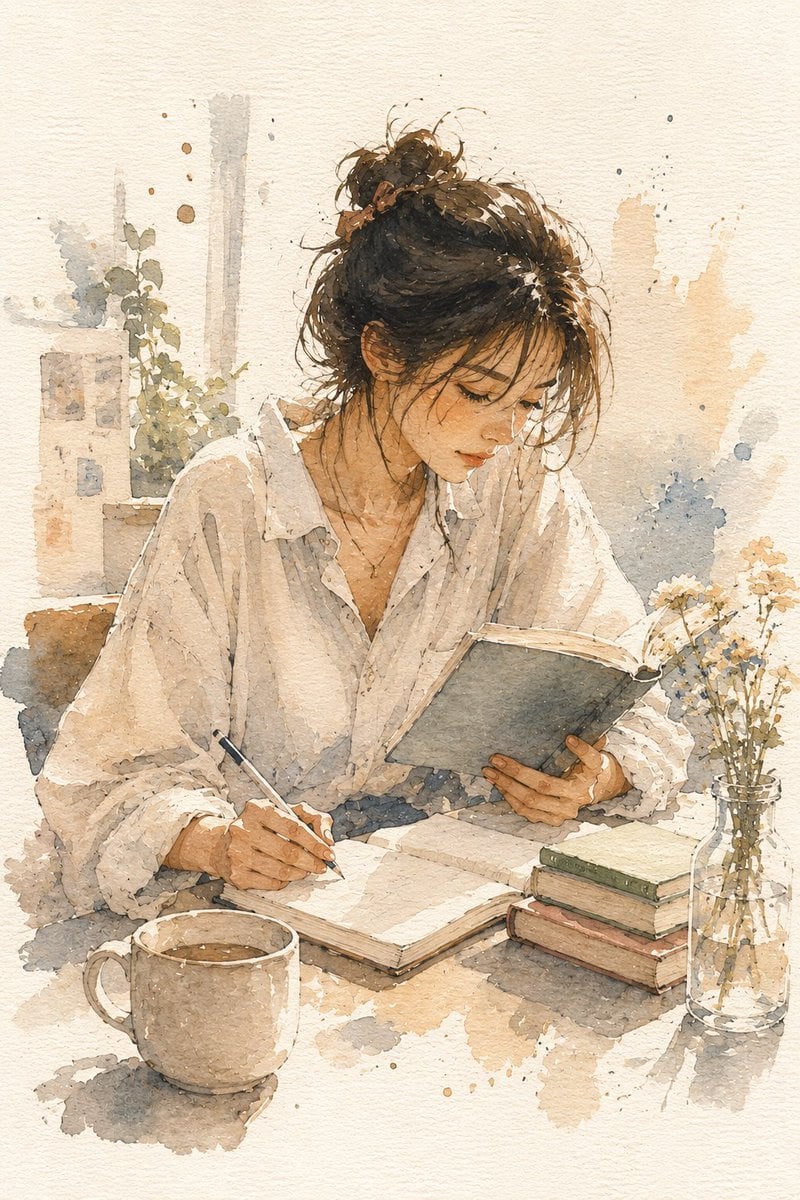 A minimalist watercolor illustration of a young woman immersed in a qui…