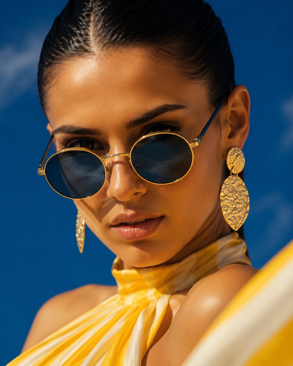Wide dramatic fashion shot, woman in flowing yellow and white striped h…