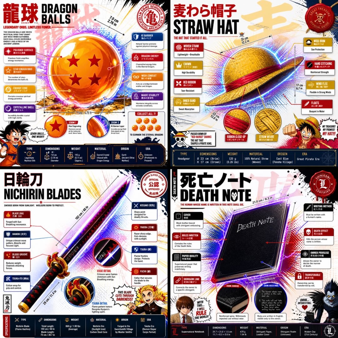 1:1 square anime infographic poster, premium official fanbook spread st…