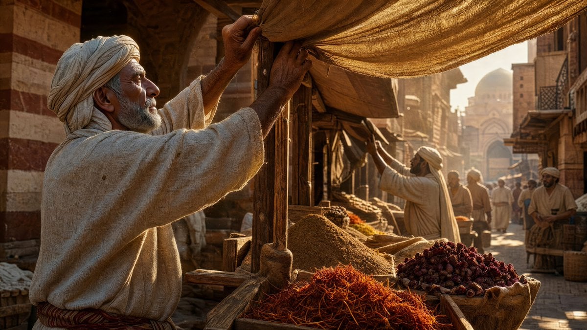 A bustling 14th-century Egyptian spice market at early morning, eye-lev…