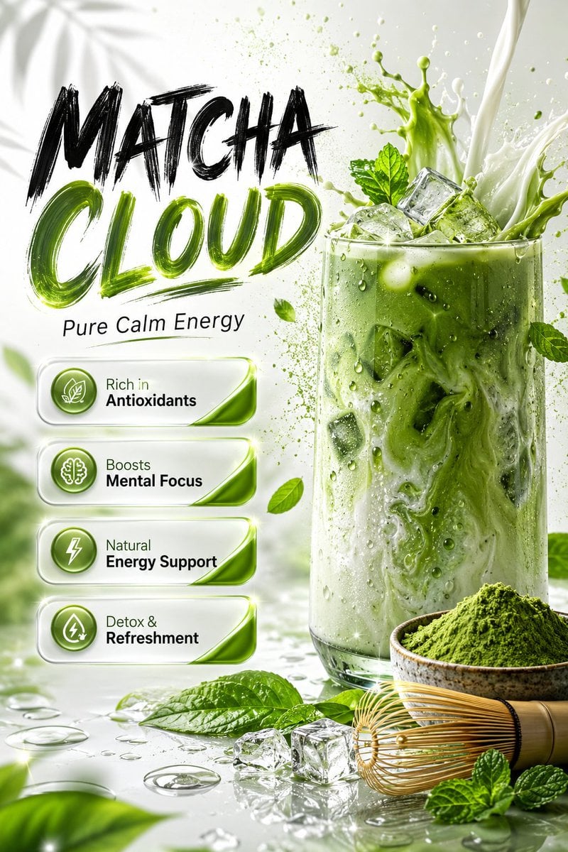 Ultra-realistic premium matcha beverage advertisement poster design, lu…