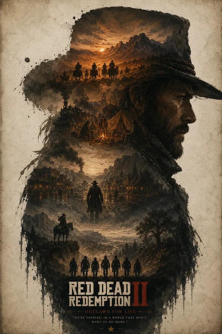 Masterpiece double exposure poster, rugged wild west cowboy in side pro…