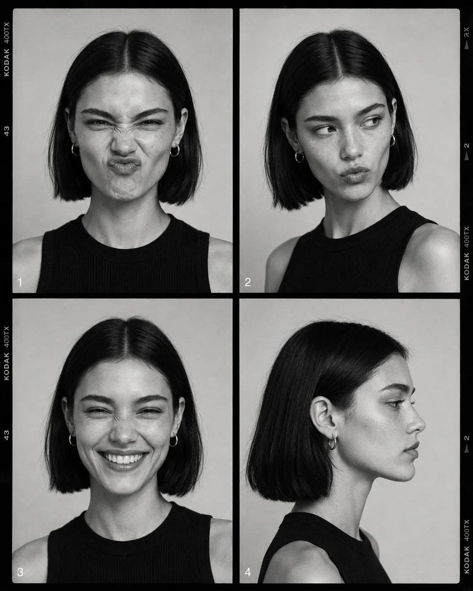 Black-and-white fashion casting contact sheet of [Human] with [Hair], a…