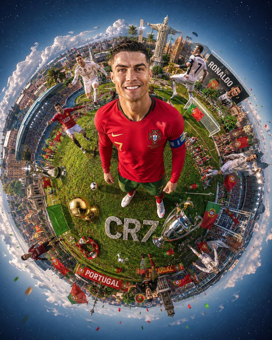 Create a hyper-realistic tiny planet fisheye scene featuring a young ma…