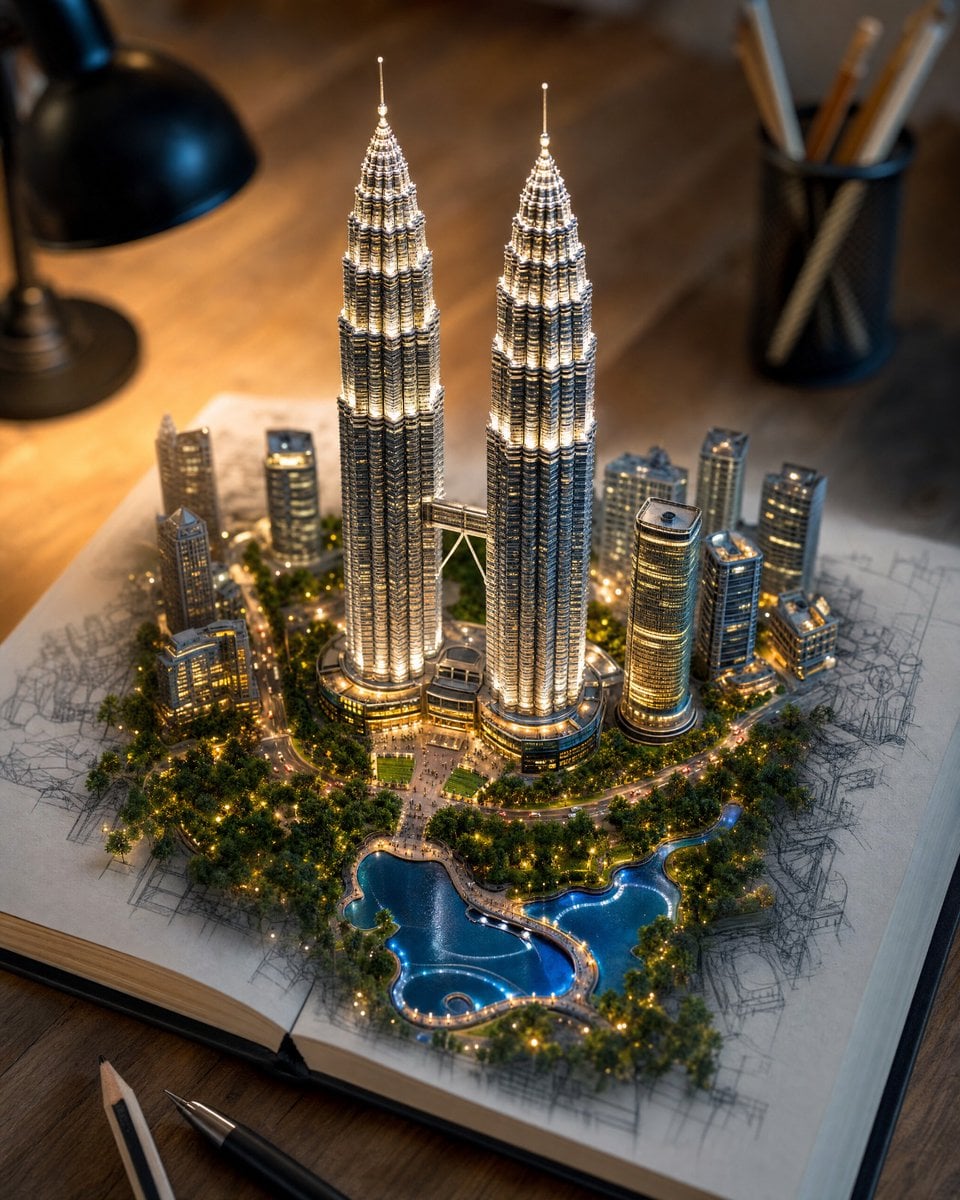 Create a hyper-realistic 3D miniature diorama of [LANDMARK OR LOCATION]…