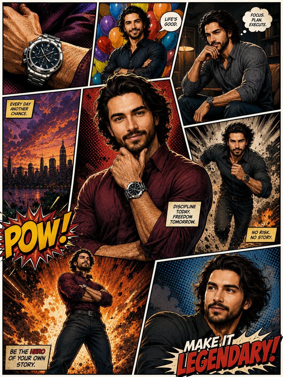 Portrait-oriented, dynamic comic-book poster composed of multiple panel…