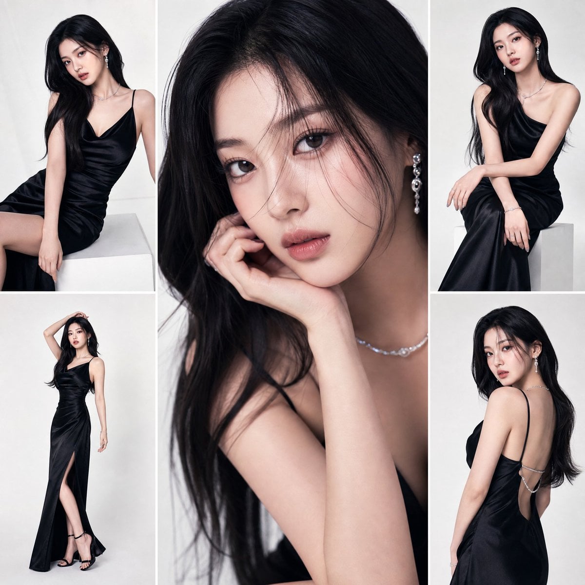 A high-fashion studio editorial featuring a K-pop idol in a multi-panel…